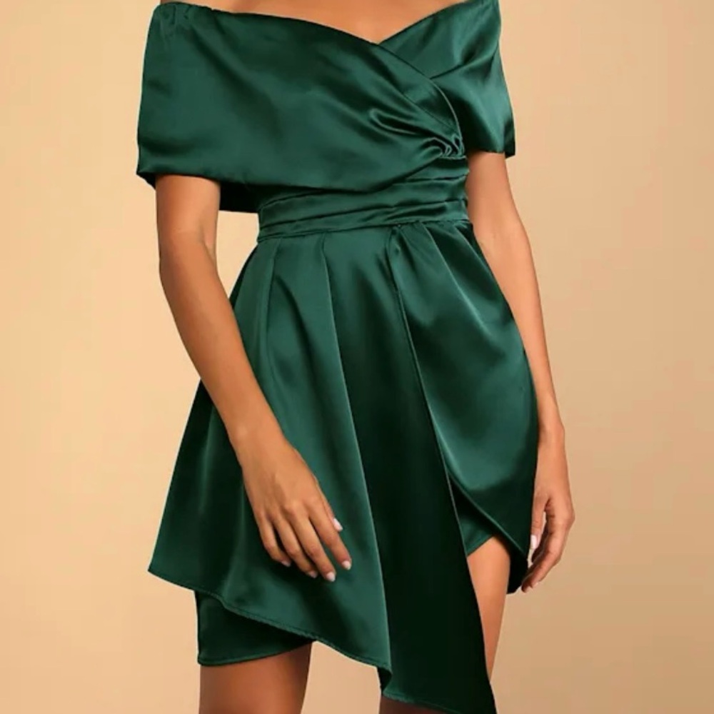 Dark Green Satin Off-the-Shoulder Mini Dress